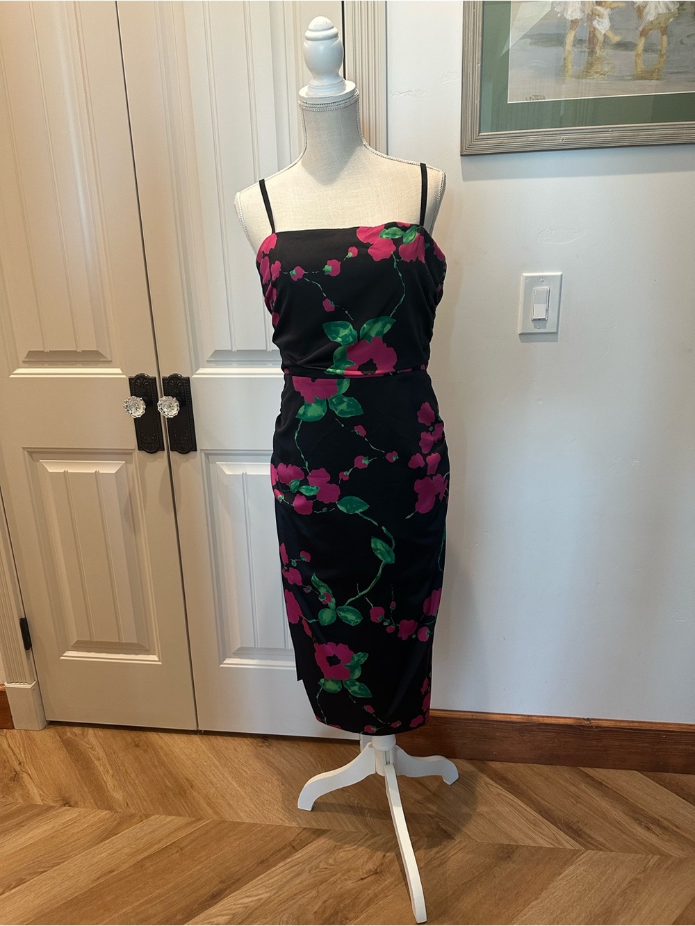 MILLY black “Dayna floral runched black/purple stretch satin sheath dress, Sz 10